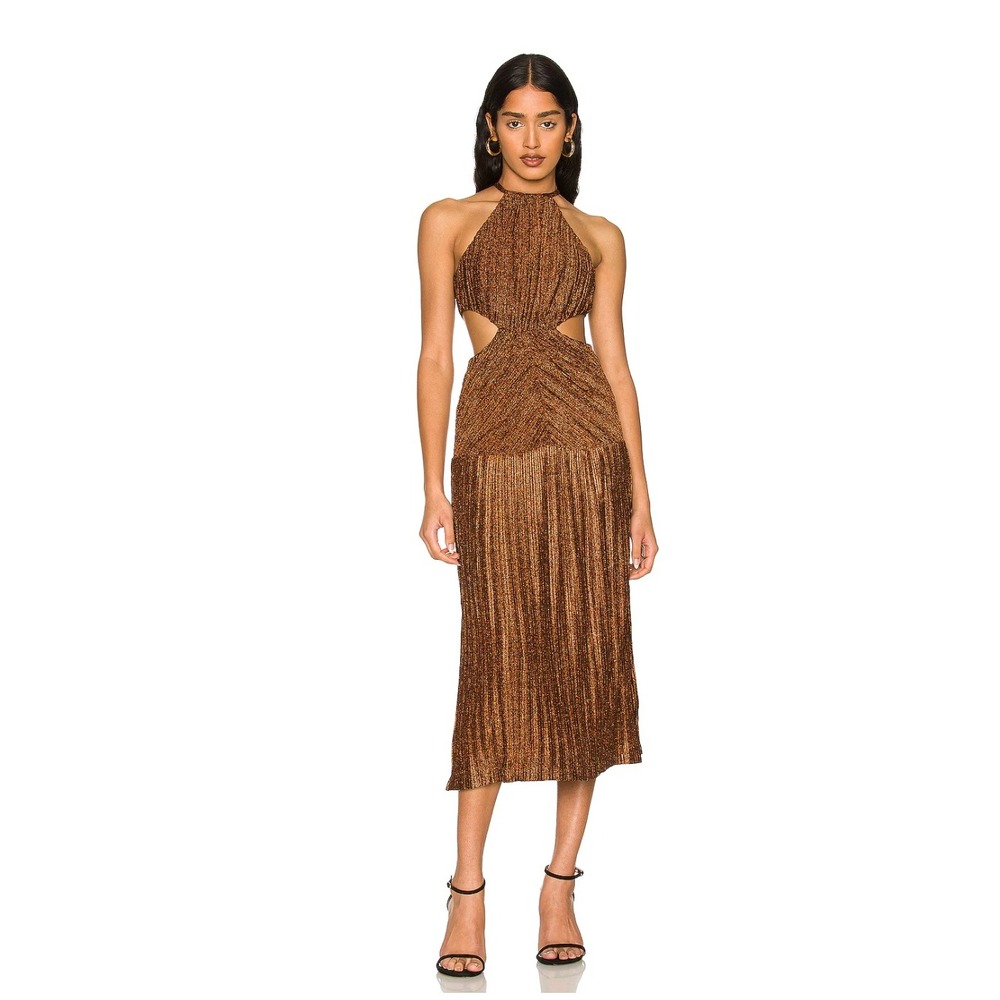 NWT Revolve FWRD Misha Odette Dress Size 6 Copper Metallic Pleated Halter